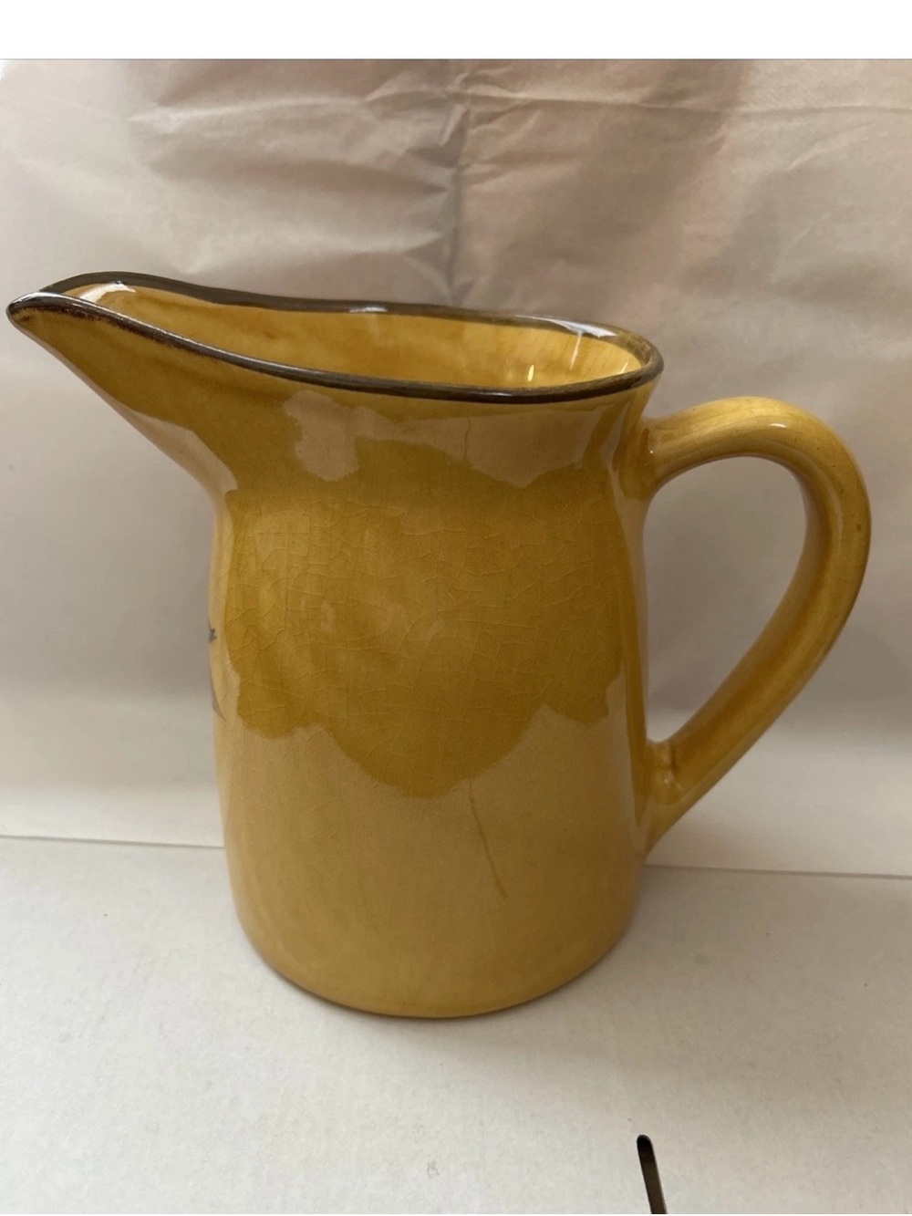Yellow Ceramic Pitcher with Fruit and Bow Motif - Picture 3 of 10